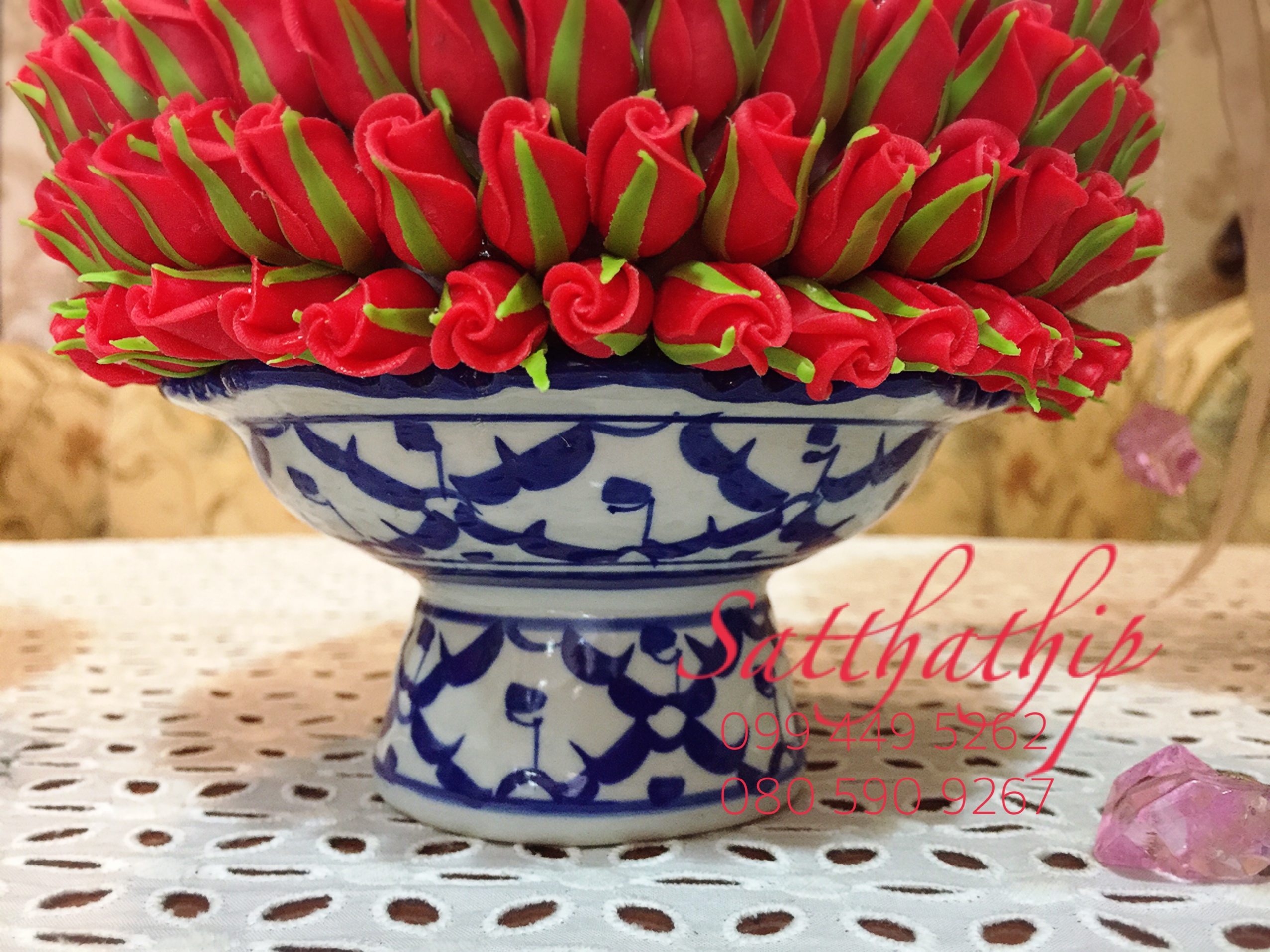 พานพุ่มดอกกุหลาบ ประดิษฐ์จากดิน [ุ6 นิ้ว 3,500 บาท/คู่]