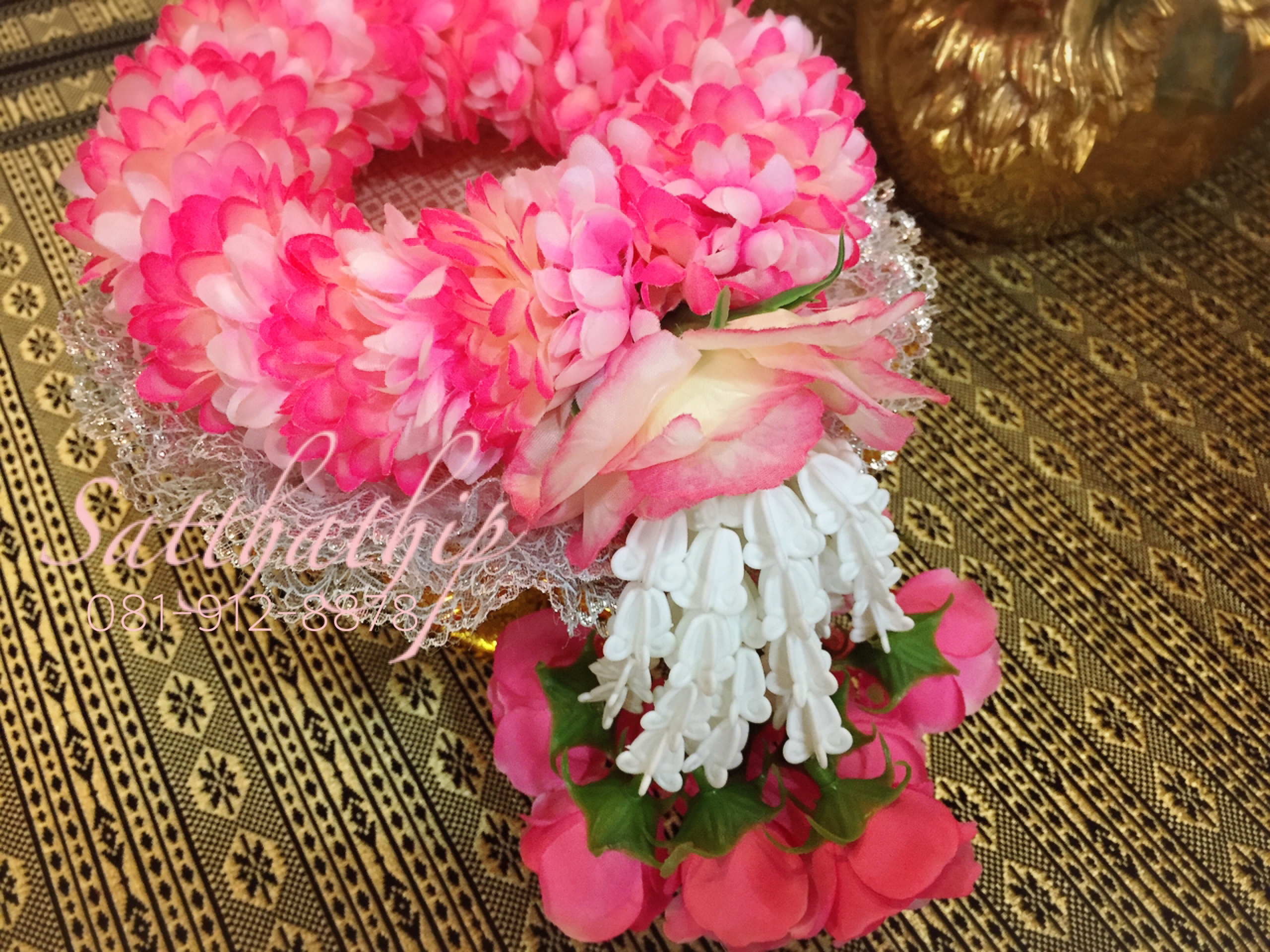 พวงมาลัยผ้า ดอกมัม สีชมพูผสม - พวงมาลัยผ้า - Fabric garland