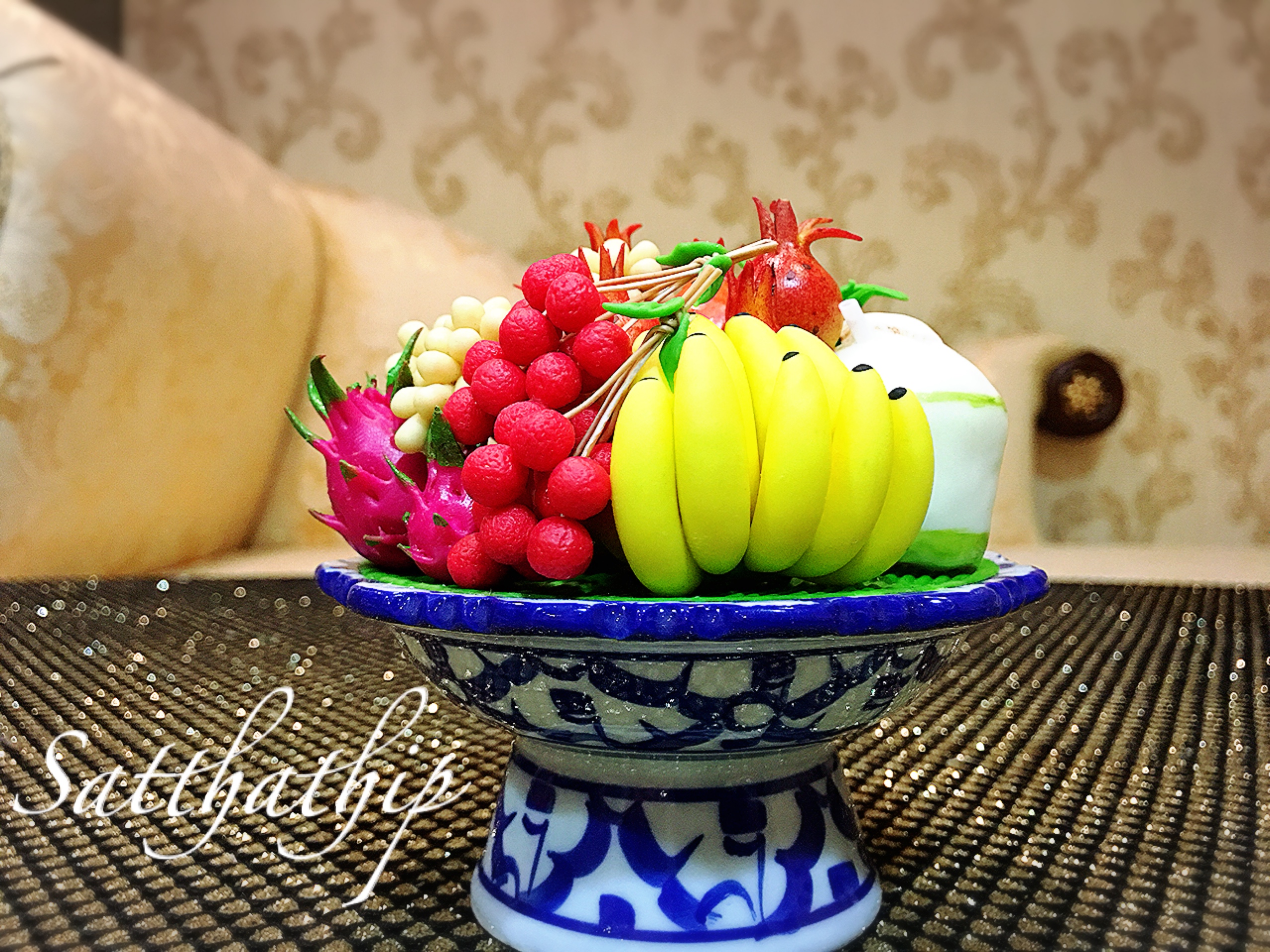 พานผลไม้ (9 อย่าง) ประดิษฐ์จากดิน - ผลไม้จิ๋ว - ผลไม้มงคล