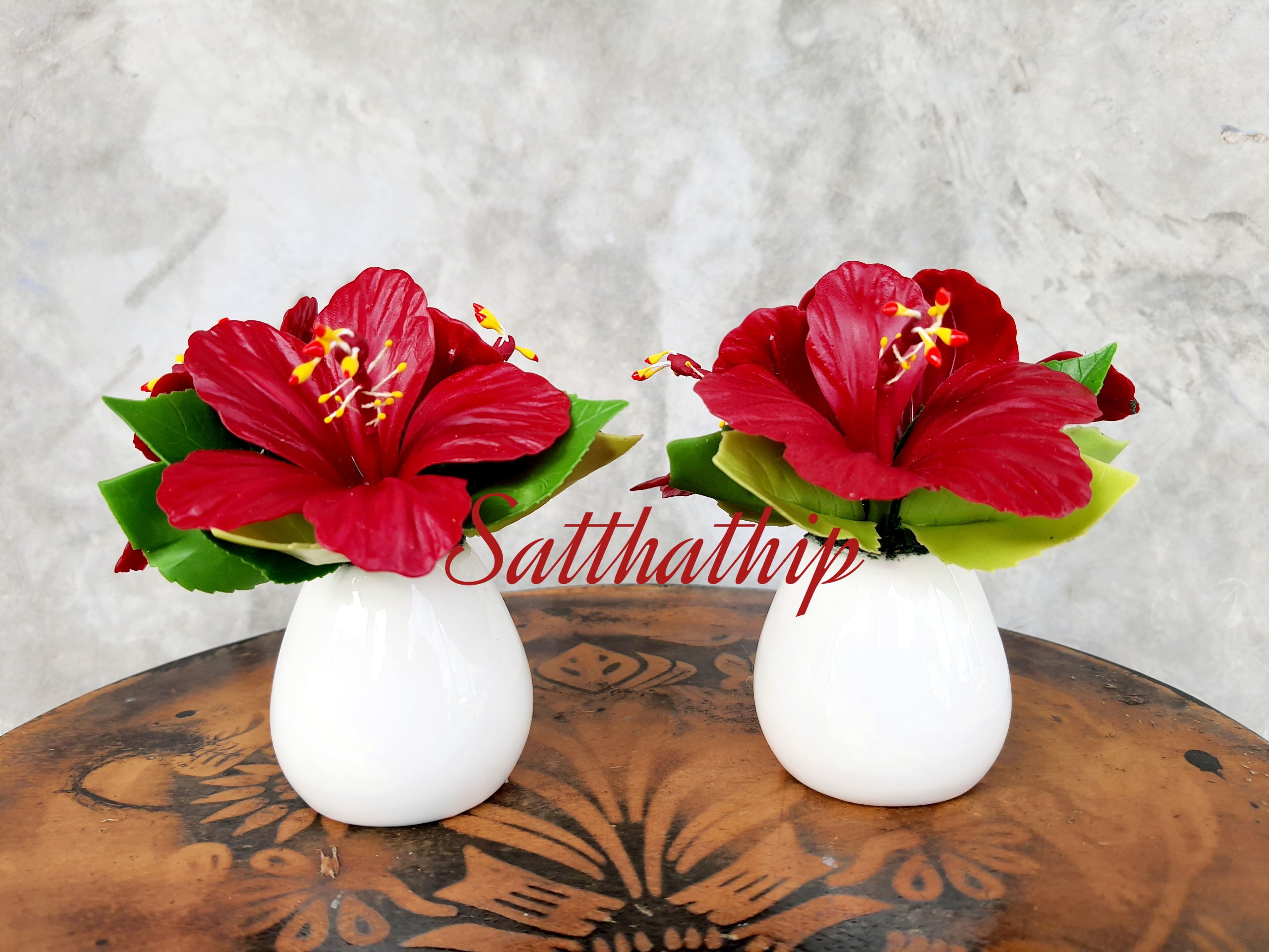 แจกันดอกชบา - ดอกชบาประดิษฐ์ - แจกันดอกชบา ประดิษฐ์จากดิน - แจกันดอกชบาประดิษฐ์