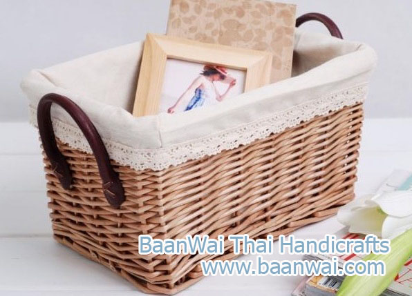 ตะกร้าหวายบุผ้า หูหนัง ตะกร้าเอนกประสงค์