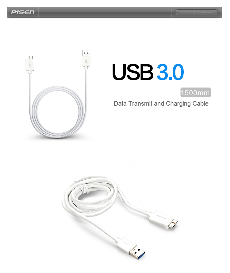 PISEN สายชาร์จ Micro USB 3.0 Data Transmit and Charging Cable ยาว 1500 mm อุปกรณ์สำหรับรีชาร์จและซิงค์เพื่อโอนถ่ายข้อมูลแบบ 2-in-1 (For Smart Device) - สีขาว