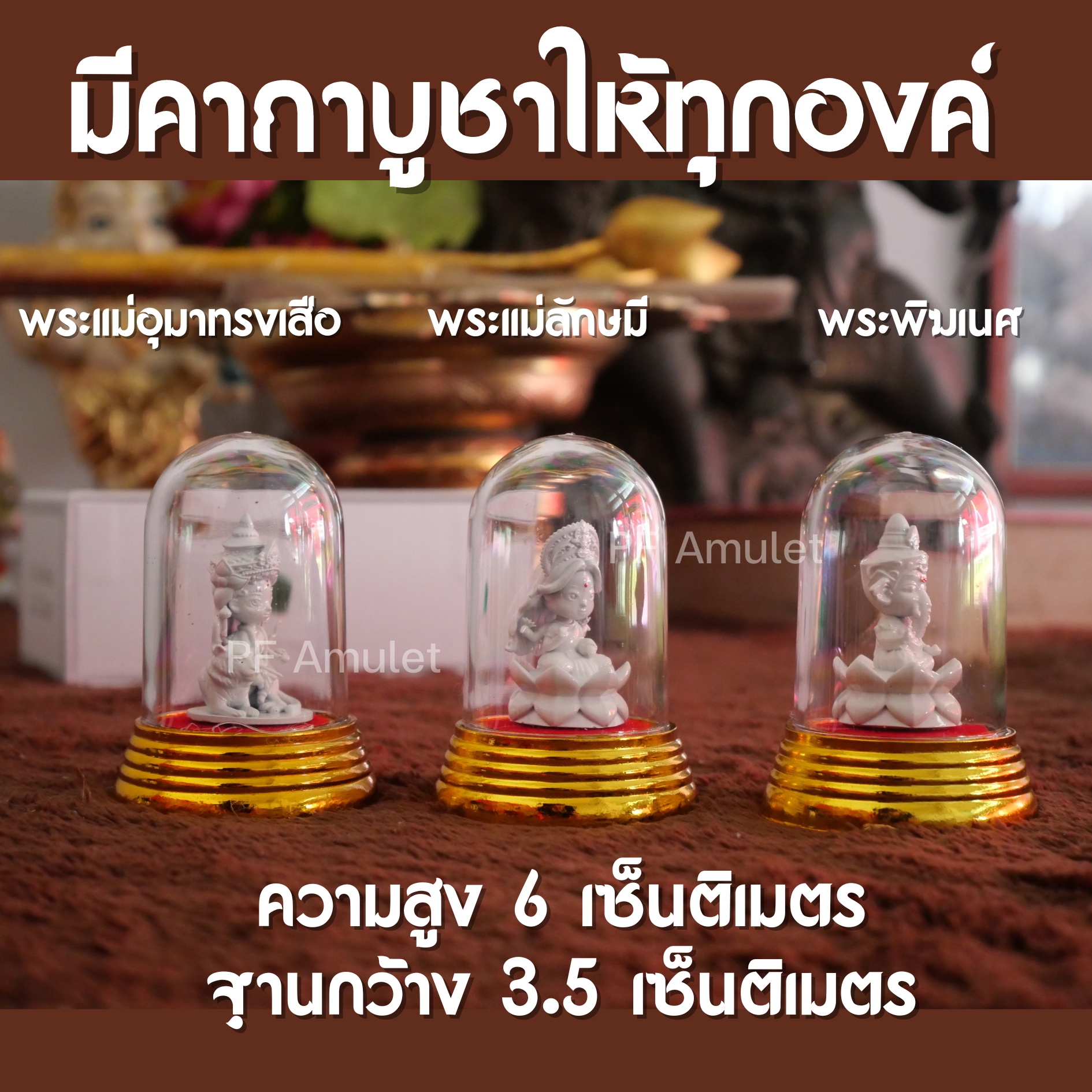 ครอบแก้วเทพฮินดู (พระแม่อุมาทรงเสือ พระแม่ลักษมี พระพิฆเนศ) ปั้นงานสวย องค์เล็ก มีบทบูชาให้