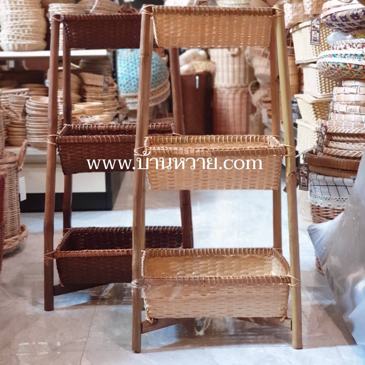 ชั้นวางไม้ไผ่ 3 ชั้น ทรงเหลี่ยม