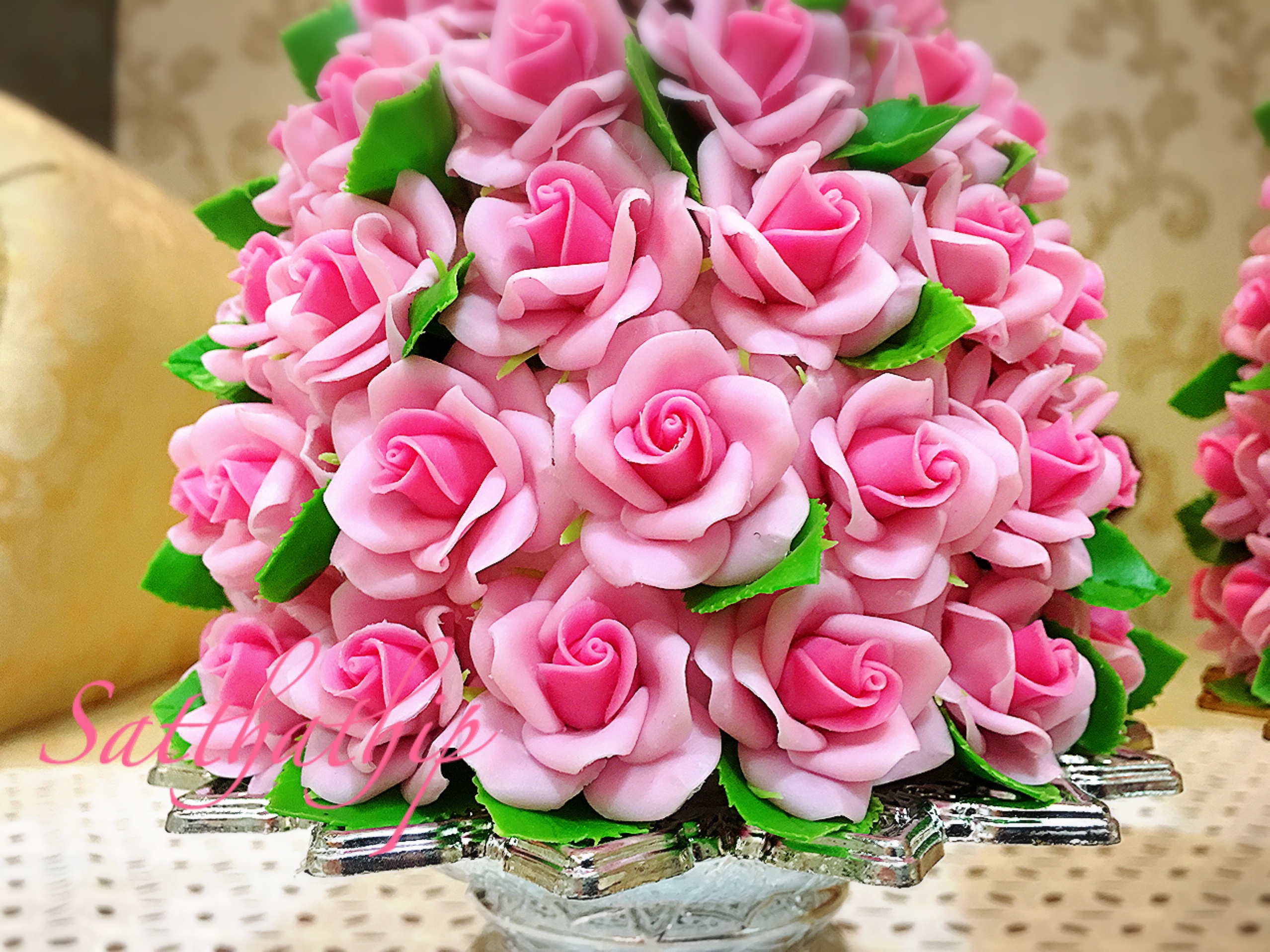 พานพุ่มดอกกุหลาบ - พานพุ่มดอกกุหลาบสีชมพู ประดิษฐ์จากดิน - Rose Flower - Phan bush