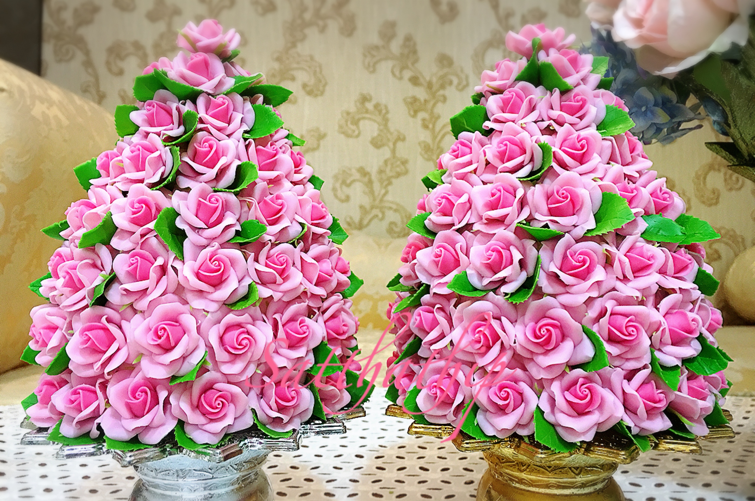 พานพุ่มดอกกุหลาบ - พานพุ่มดอกกุหลาบสีชมพู ประดิษฐ์จากดิน - Rose Flower - Phan bush