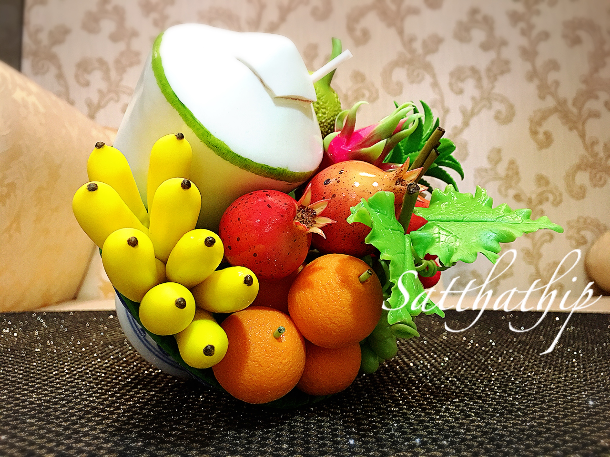 พานผลไม้ (9 อย่าง) ประดิษฐ์จากดิน - ผลไม้จิ๋ว - ผลไม้มงคล