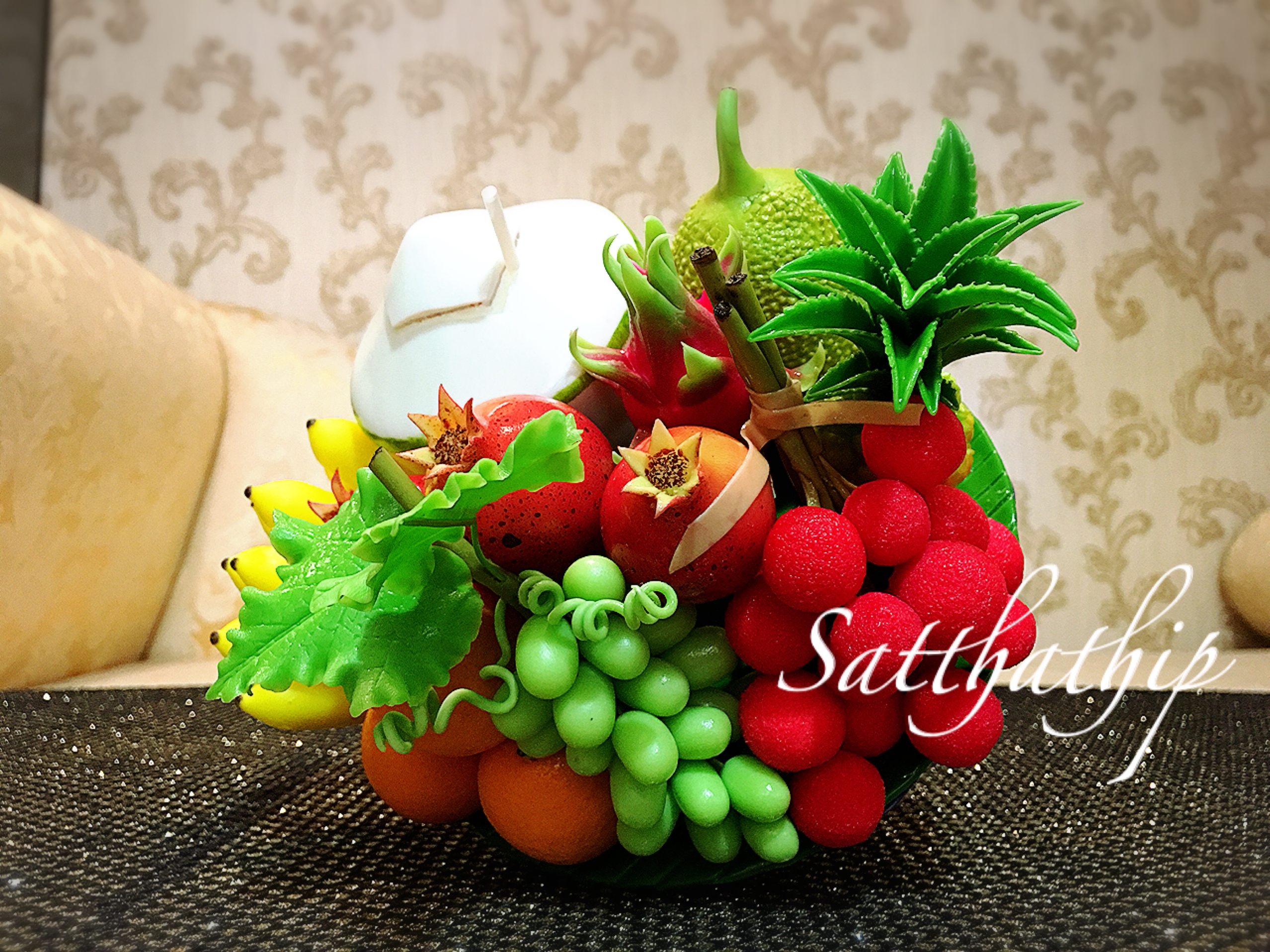 พานผลไม้ (9 อย่าง) ประดิษฐ์จากดิน - ผลไม้จิ๋ว - ผลไม้มงคล