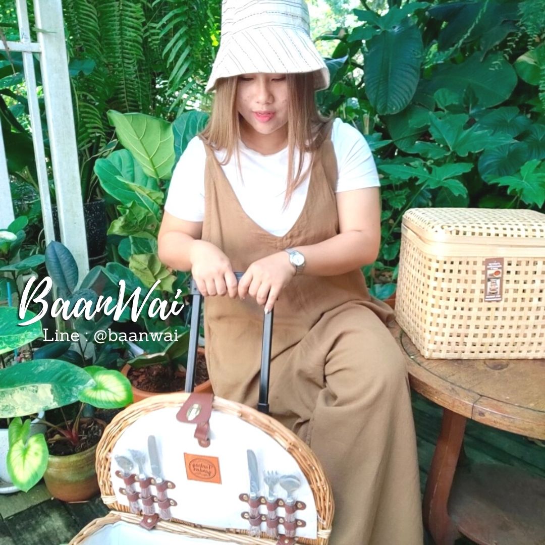 ตะกร้าปิคนิค หวายหลิว บุผ้า แบบล้อลาก