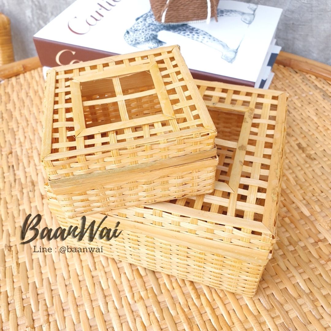 กล่องสี่เหลี่ยม 4 ช่อง กล่องไม้ไผ่ กล่องไม้ไผ่สาน กล่องทรงเหลี่ยม กล่องใส่ขนม กล่องใส่ของ