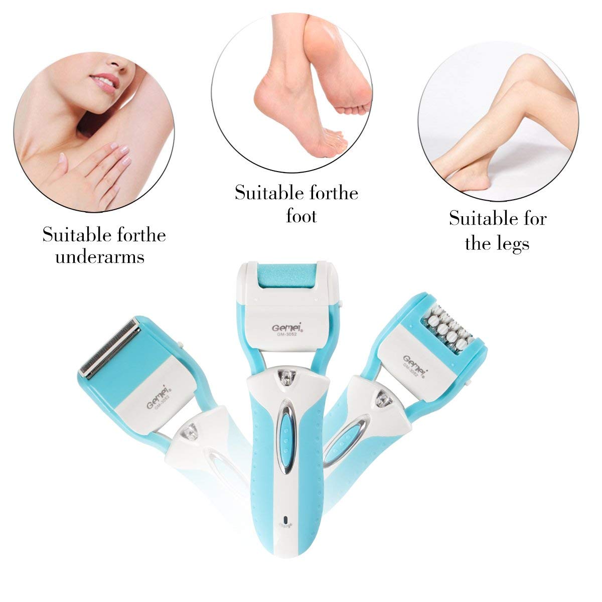 Gemei เครื่องกำจัดขนไร้สาย 3 in 1 ทั้งถอน โกน ขัด ในเครื่องเดียว GM-3052 ชาร์จไฟบ้านได้ รูปทรงสวยงามทันสมัย - สีฟ้า