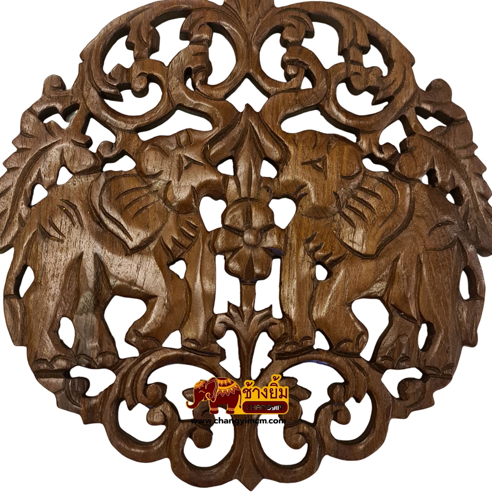 แผ่นไม้แกะสลักช้างคู่ 12 นิ้ว