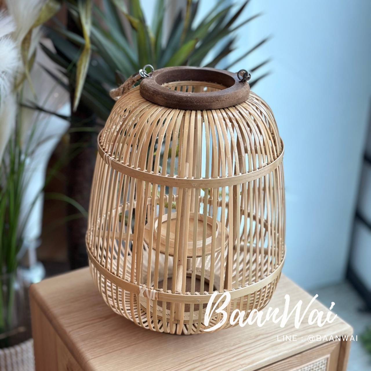 โคมไฟตั้งโต๊ะ ไม้ไผ่สาน หูจับเชือก ขนาด 30 * 40 cm Candle Lamp