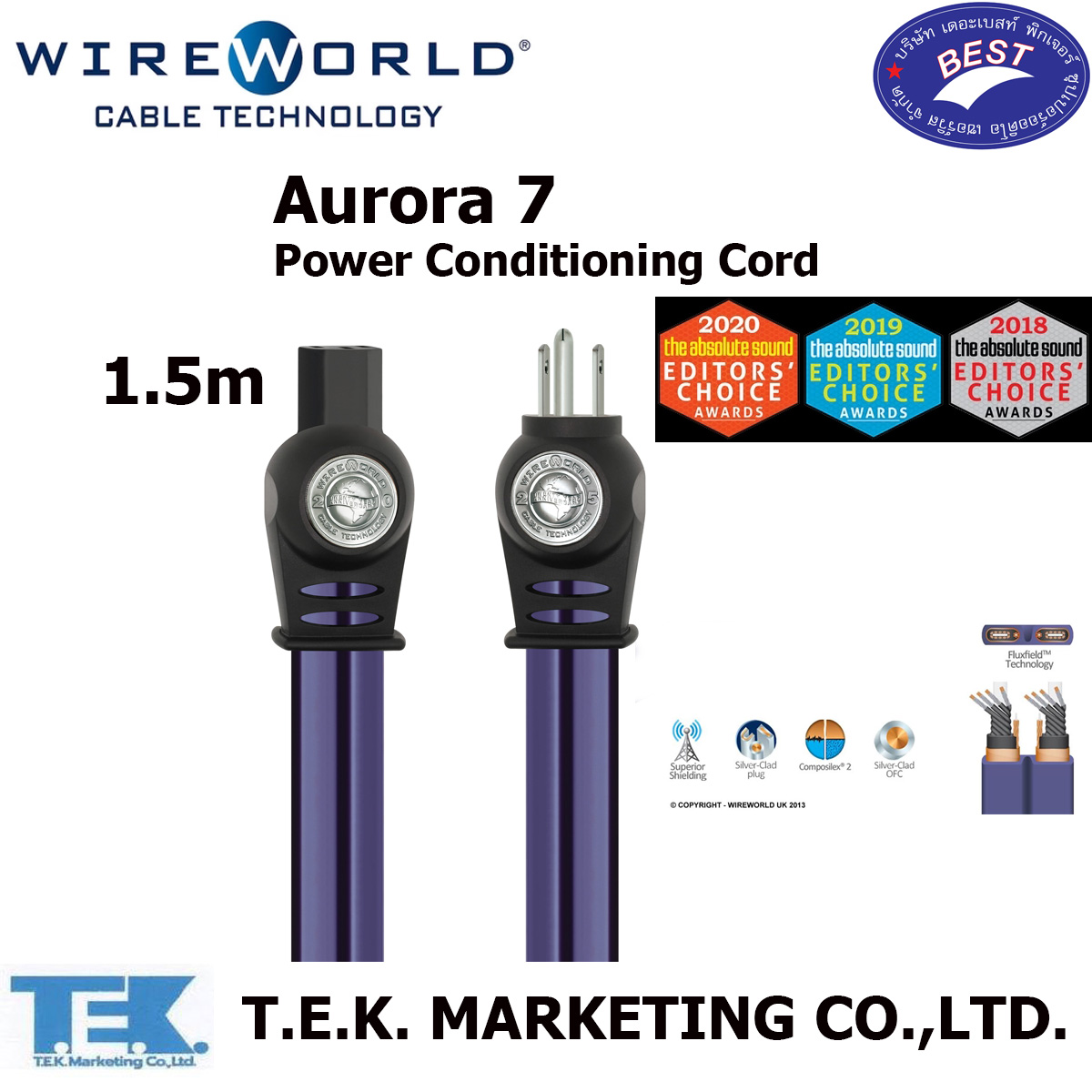 Wireworld Aurora 7 Power Conditioning Cord สายไฟประสิทธิภาพสูง Silver-Clad Oxygen-Free Copper (OFC) 1.5 เมตร