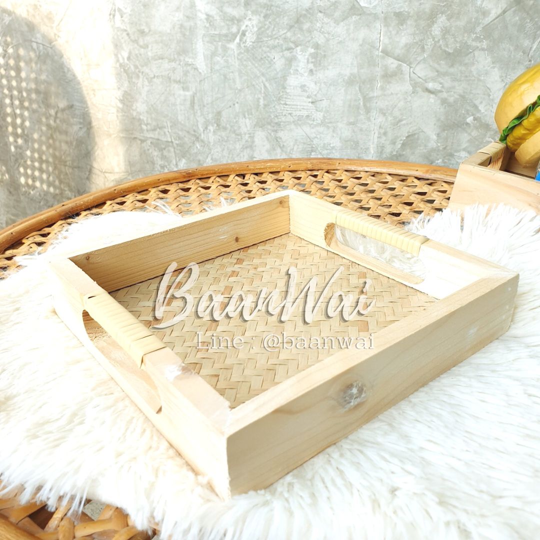 ถาดไม้สาน ทรงเหลี่ยม
