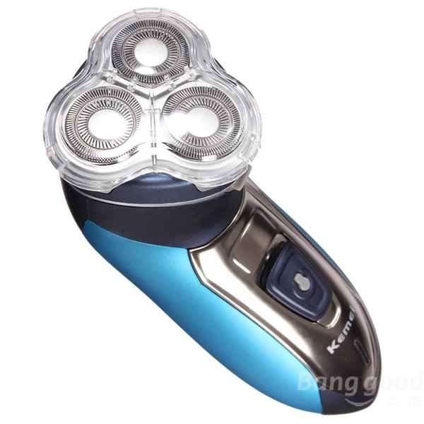 Kemei เครื่องโกนหนวด 3D ใบมีดสแตนเลสคู่ลูกลอย 3 หัวโกน 3 วัตต์ รุ่น KM-7390 กันน้ำได้ 100% แบบตเตอรี่ Ni-Cd พร้อมที่กันจอน - สีฟ้า