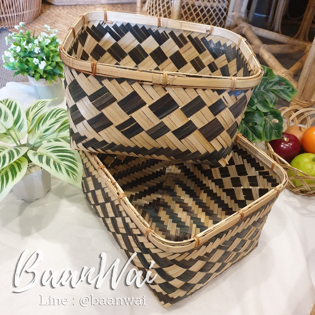 กล่องไม้ไผ่ ทรงเหลี่ยม ลายขาว-ดำ (ยกชุด 2 ขนาด)