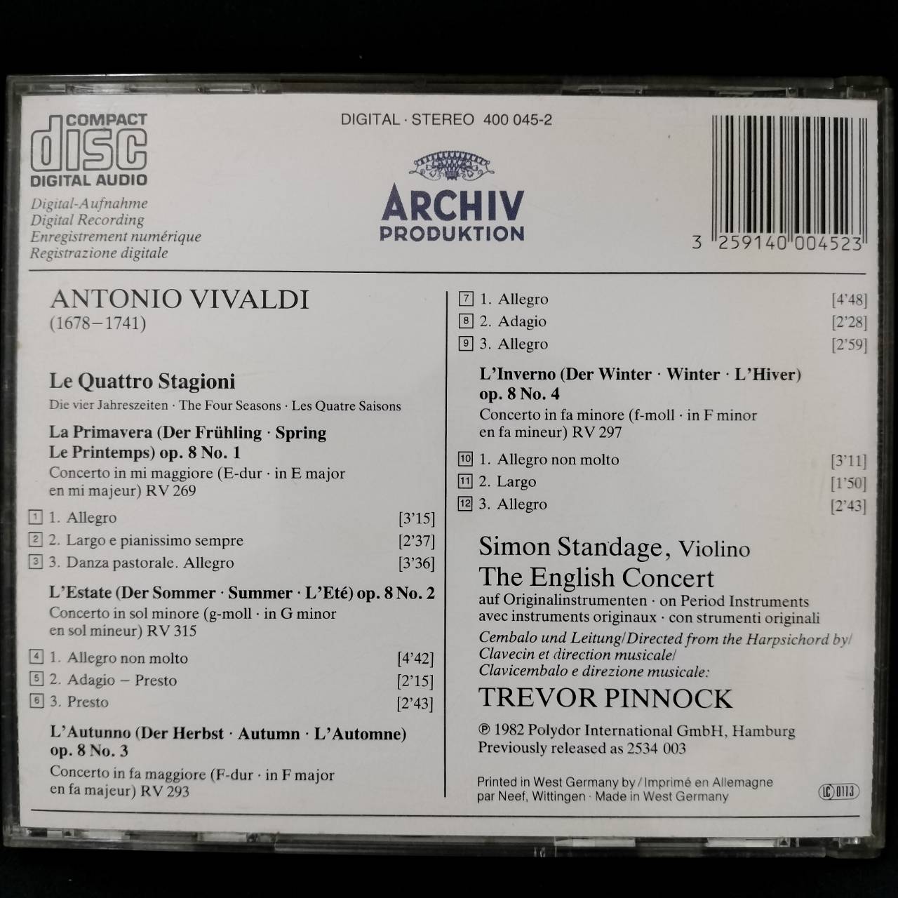 Antonio Vivaldi, The English Concert, Simon Standage, Trevor Pinnock – Le Quattro Stagioni / GERMANY / แผ่นดี