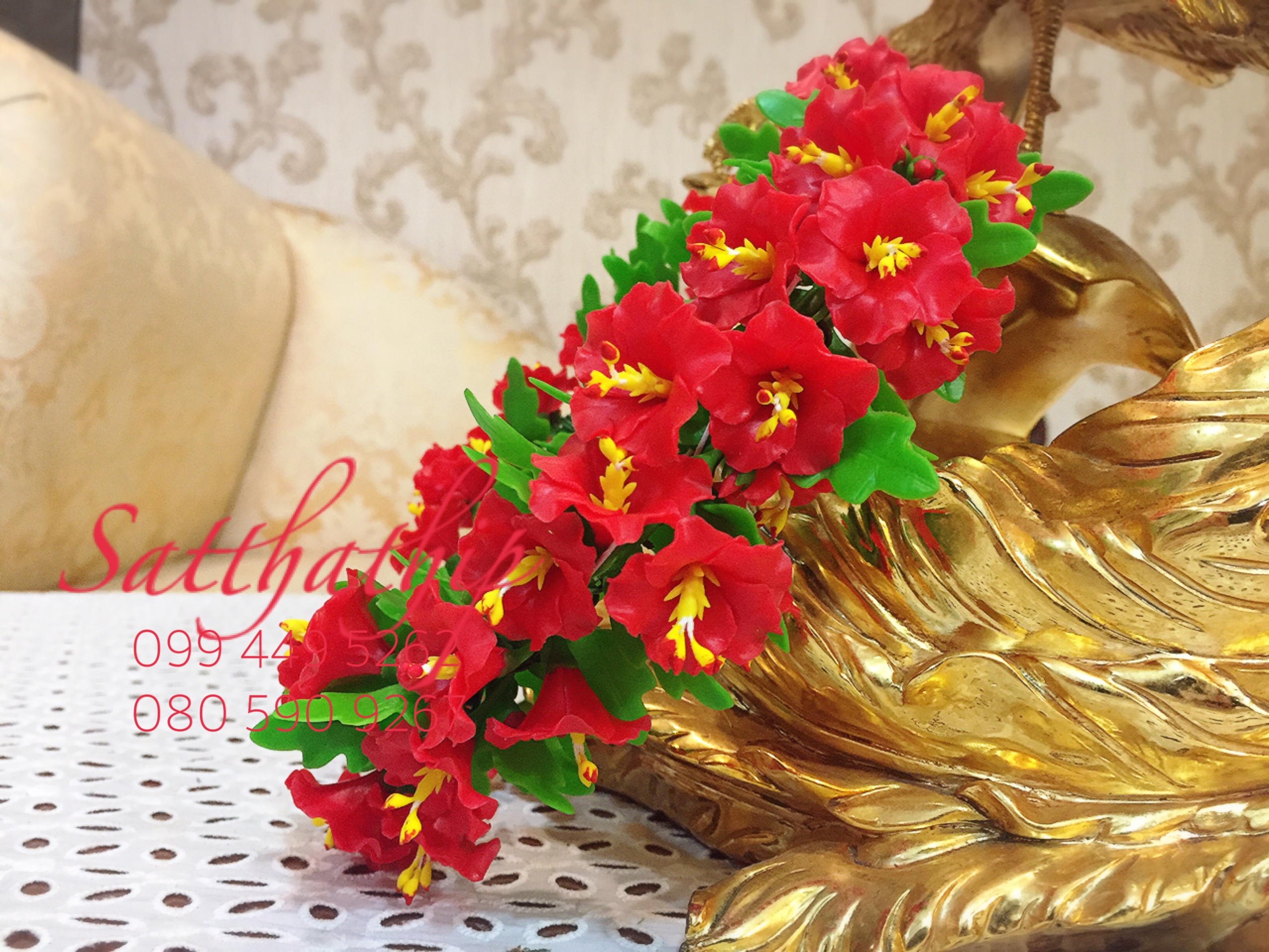 ดอกชบา - พวงมาลัยดอกชบา สีแดง ประดิษฐ์จากดิน/พวงมาลัยถวายพระพิฆเนศ-พระแม่ - Garland