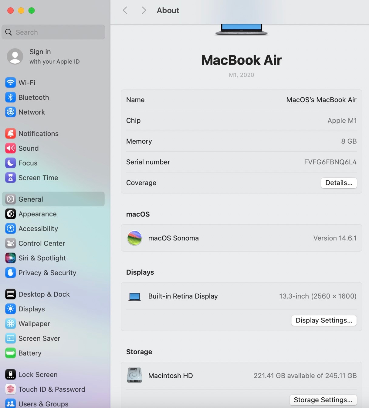 MacBook Air (13.3-inch M1,2020) 8/256