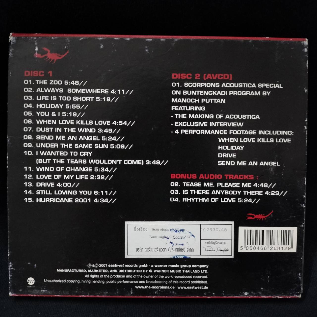 Scorpions – Acoustica: The Platinum Edition / THAILAND / กล่องสวมเก่าเก็บ / เขี้ยวล็อคถาดกล่องหัก / 2CD / แผ่นดี