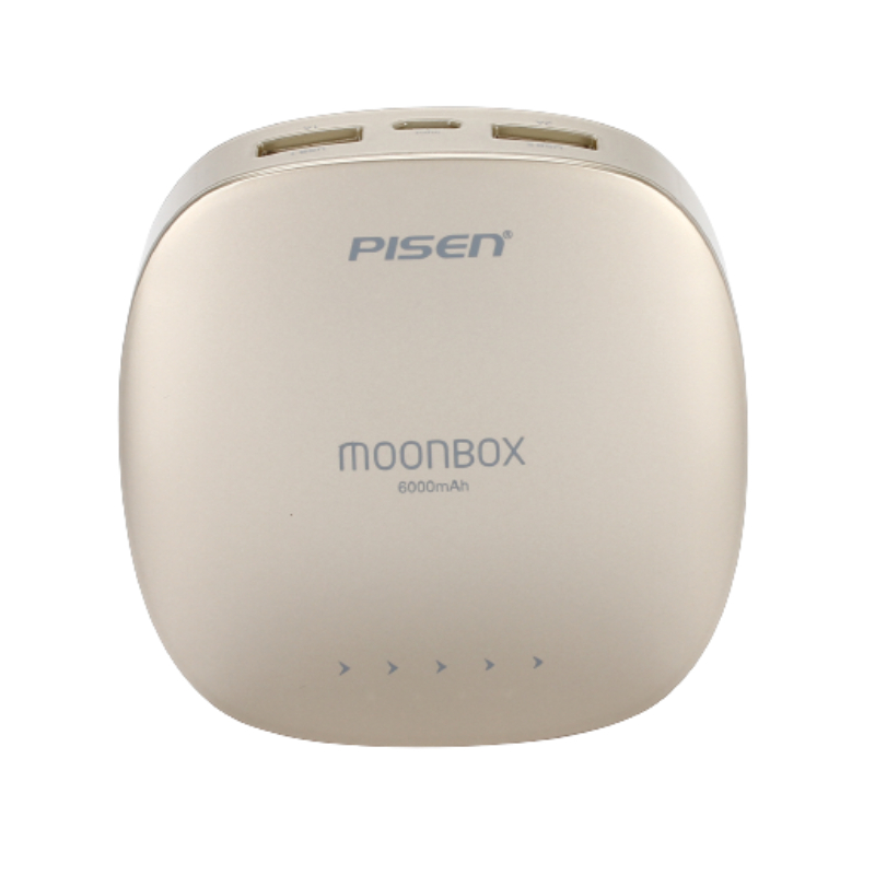 PISEN แบตสำรองแท้ 6,000 mAh พาวเวอร์แบงค์ 2 USB 5V-2A Moon Box Power รุ่น TS-D095 ปุ่มสัมผัสแบบสไลด์ ไฟฉาย LED ส่องสว่างยามค่ำคืนในตัว เก็บประจุเต็มที่ได้ยาวนาน รูปทรงโค้งมน ขนาดกระทัดรัดจับถนัดกระชับมือ - สีทองคำ