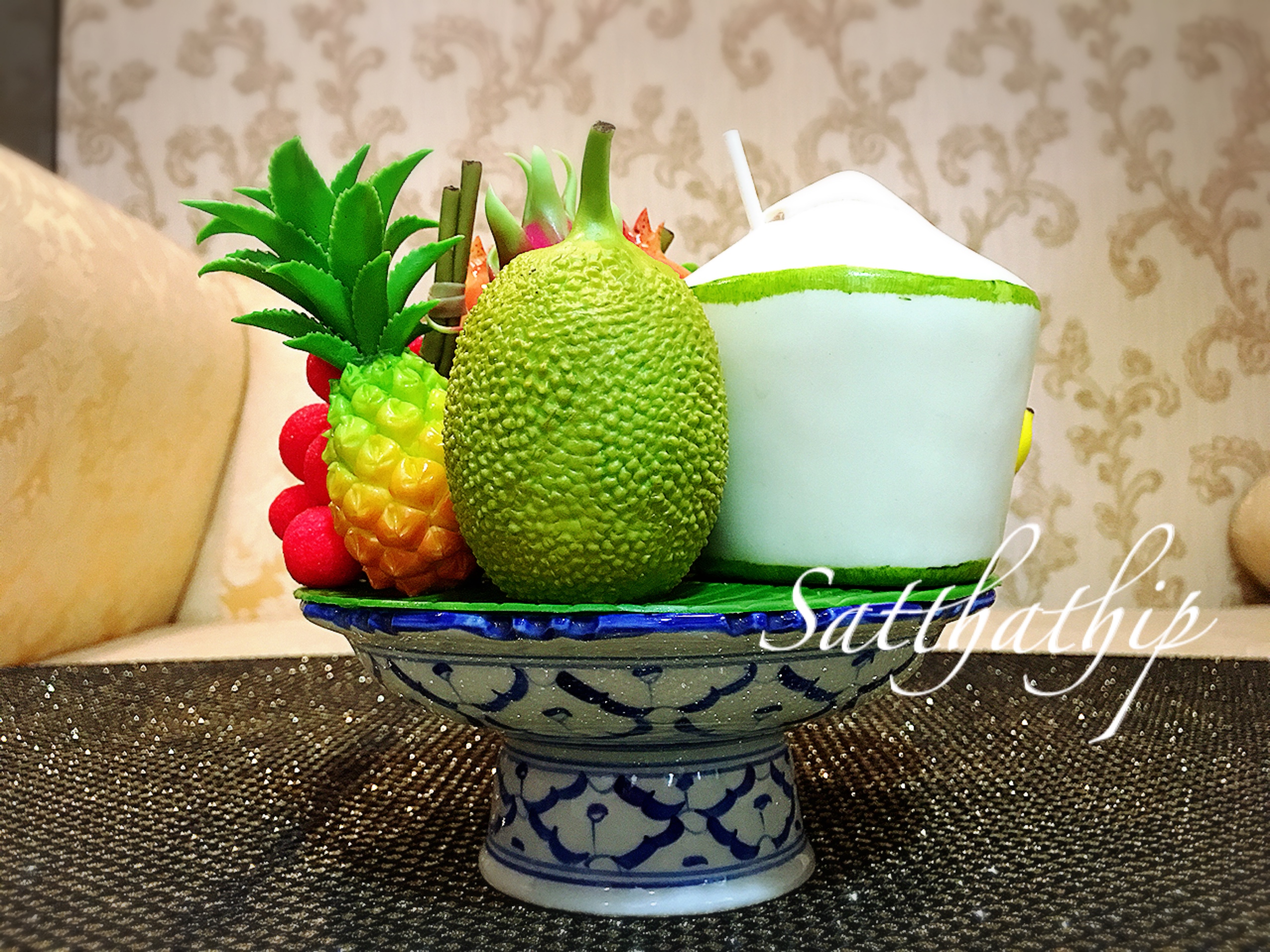 พานผลไม้ (9 อย่าง) ประดิษฐ์จากดิน - ผลไม้จิ๋ว - ผลไม้มงคล