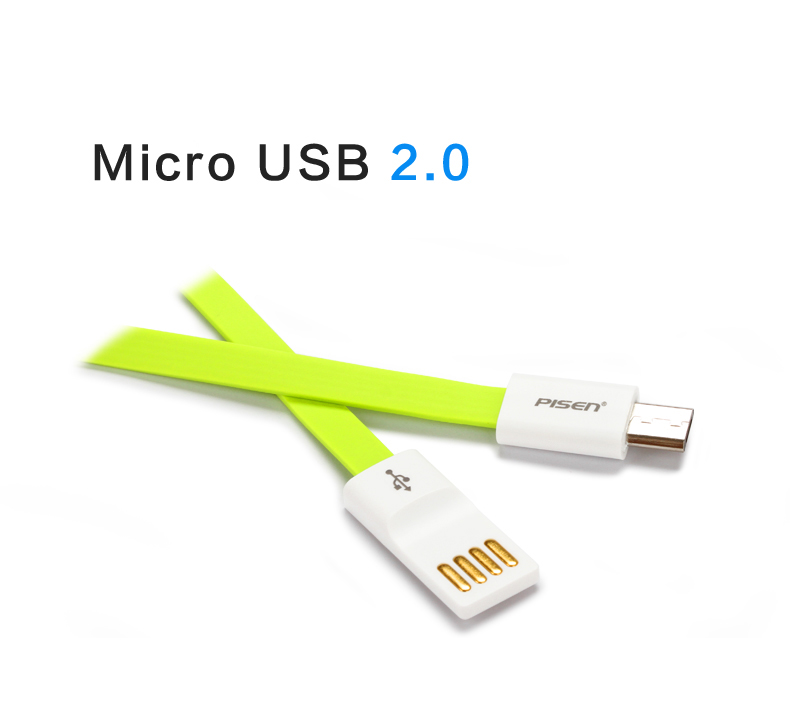 PISEN สายชาร์จ Micro USB Noodle Data Transmit and Charging Cable ยาว 800 mm อุปกรณ์สำหรับรีชาร์จและซิงค์เพื่อโอนถ่ายข้อมูลแบบ 2-in-1 USB 2.0 แรงดันสูง - สีเขียว