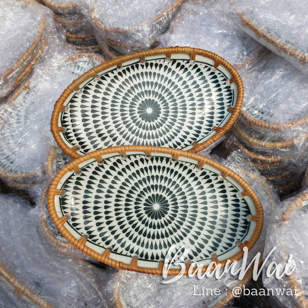 จานเซรามิค ขอบหวาย ทรงรี