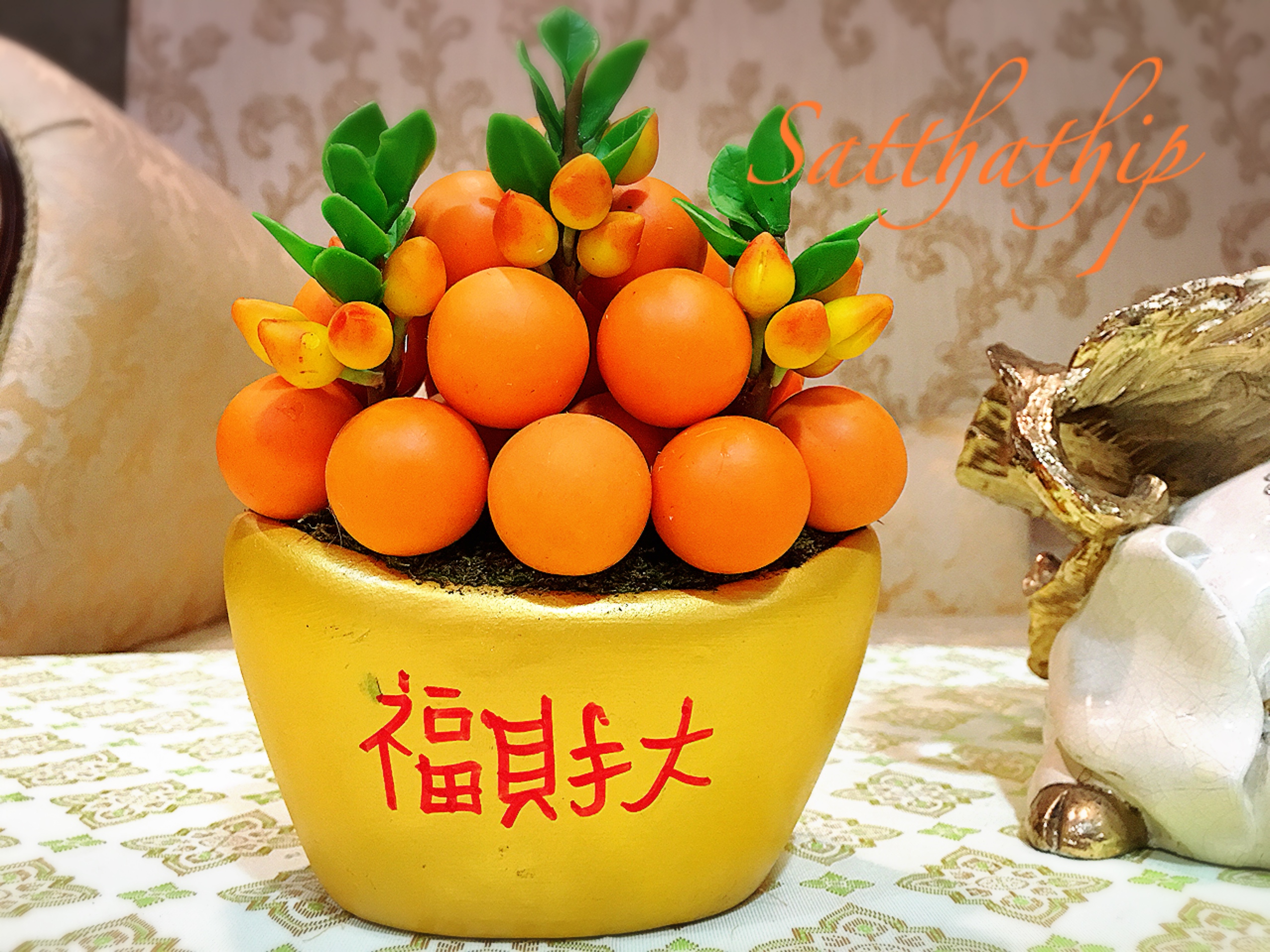 ส้ม ประดิษฐ์จากดิน กระถางก้อนทอง - ผลไม้มงคล ประดิษฐ์จากดิน กระถางก้อนทอง