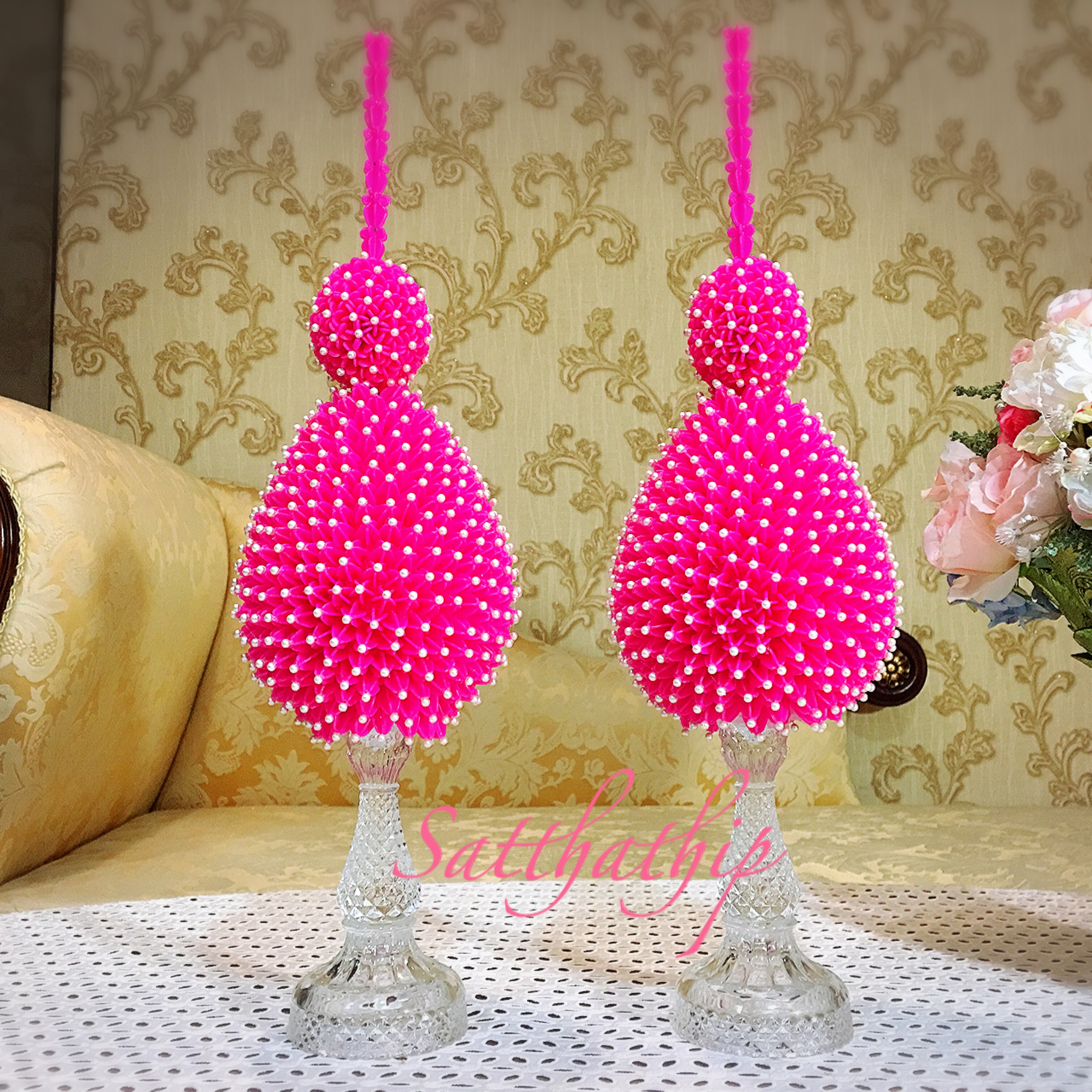 พานพุ่ม [5.5"] - พานพุ่มสักการะ - พานพุ่มดอกรัก - พานพุ่มดอกรักประดิษฐ์ (พลาสติก) - พานพุ่มสีชมพู