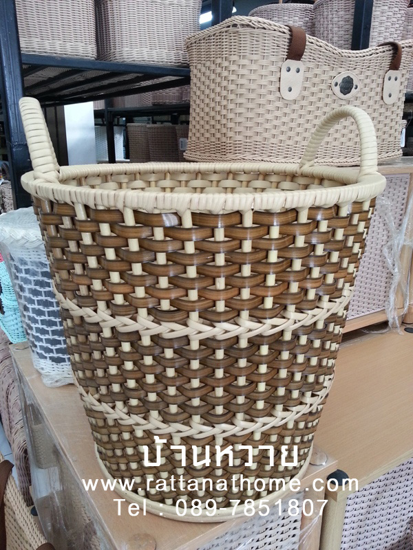 ตะกร้าใส่ผ้า ทรงกลม วัสดุหวายเทียม