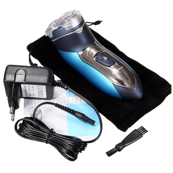 Kemei เครื่องโกนหนวด 3D ใบมีดสแตนเลสคู่ลูกลอย 3 หัวโกน 3 วัตต์ รุ่น KM-7390 กันน้ำได้ 100% แบบตเตอรี่ Ni-Cd พร้อมที่กันจอน - สีฟ้า