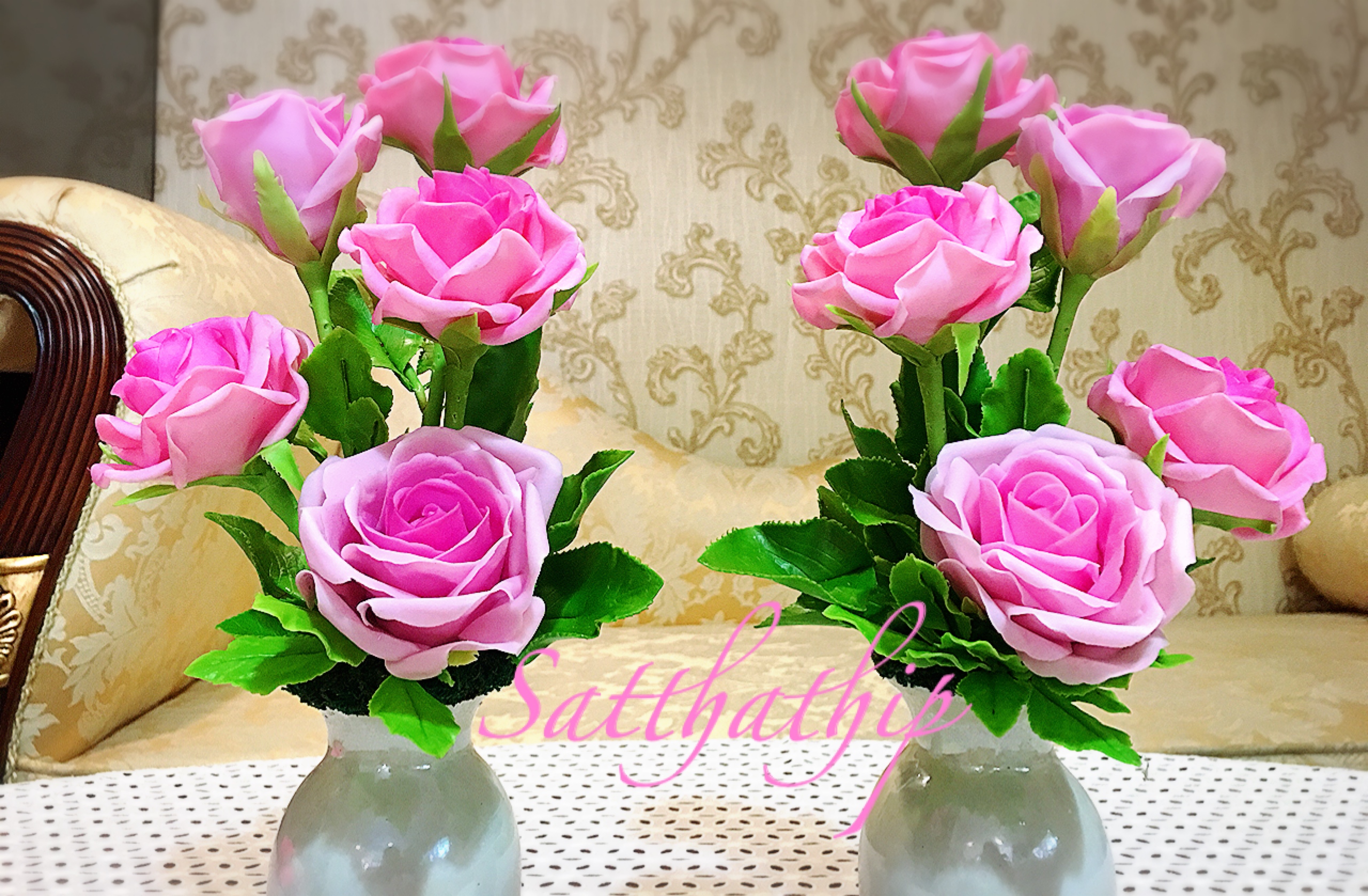 แจกันดอกกุหลาบ สีชมพู ประดิษฐ์จากดิน - ดอกกุหลาบ - Rose Flower