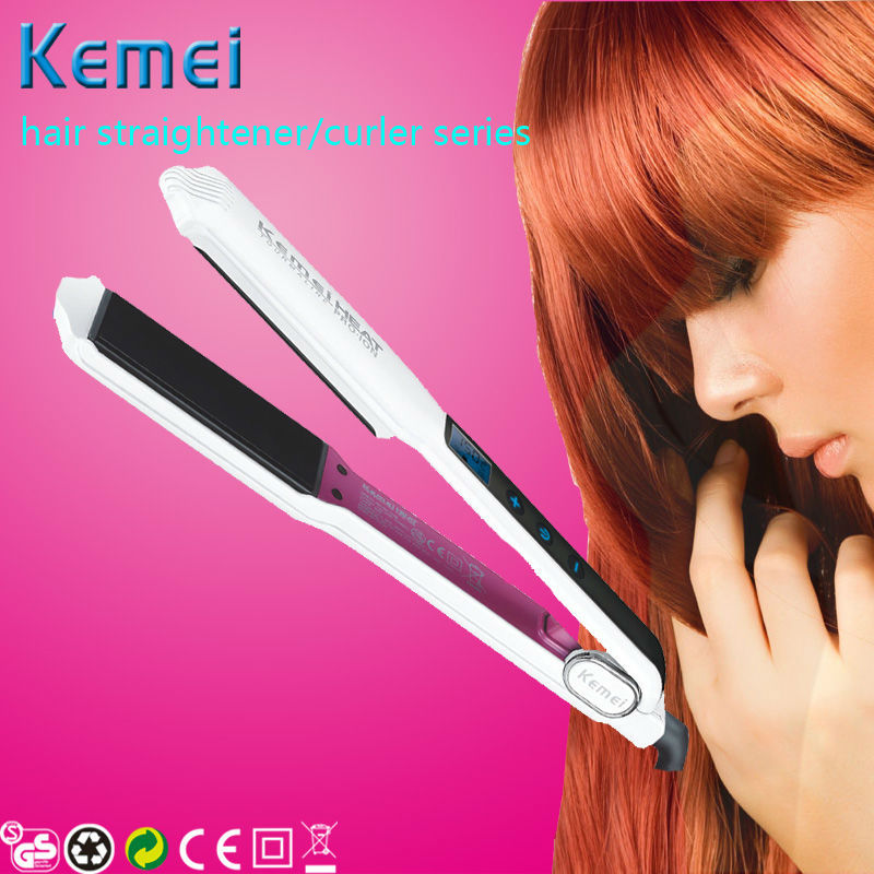 Kemei Heat Pro ION เครื่องหนีบผม ความร้อนสูง ทัวร์มาลีนเซรามิกแผ่นกว้าง KM-1088 ร้อนเร็ว ปรับอุณหภูมิดิจิตอล 150-230 องศา จอ LCD ปุ่มสัมผัส - สีขาว