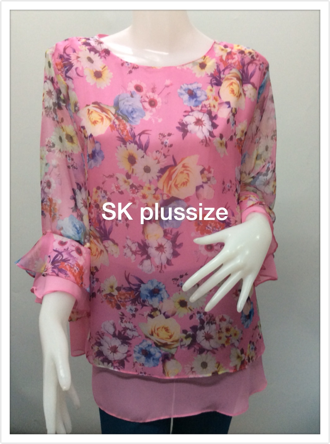 เสื้อชีฟองพิมพ์ลาย สีชมพู รอบอก 50 นิ้ว