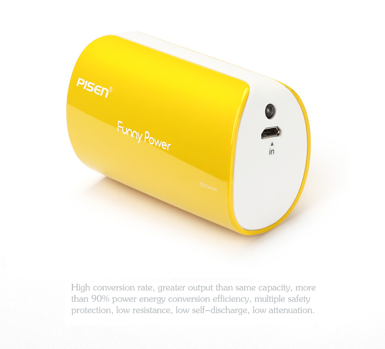 PISEN แบตสำรองแท้ 5,000 mAh พาวเวอร์แบงค์ USB 5V-2A Funny Power Ⅱ รุ่น TS-D127 ไฟฉาย LED ส่องสว่างยามค่ำคืนในตัว เก็บประจุเต็มที่ได้ยาวนาน รูปทรงกระบอก ขนาดกระทัดรัดจับถนัดกระชับมือ – สีเหลือง