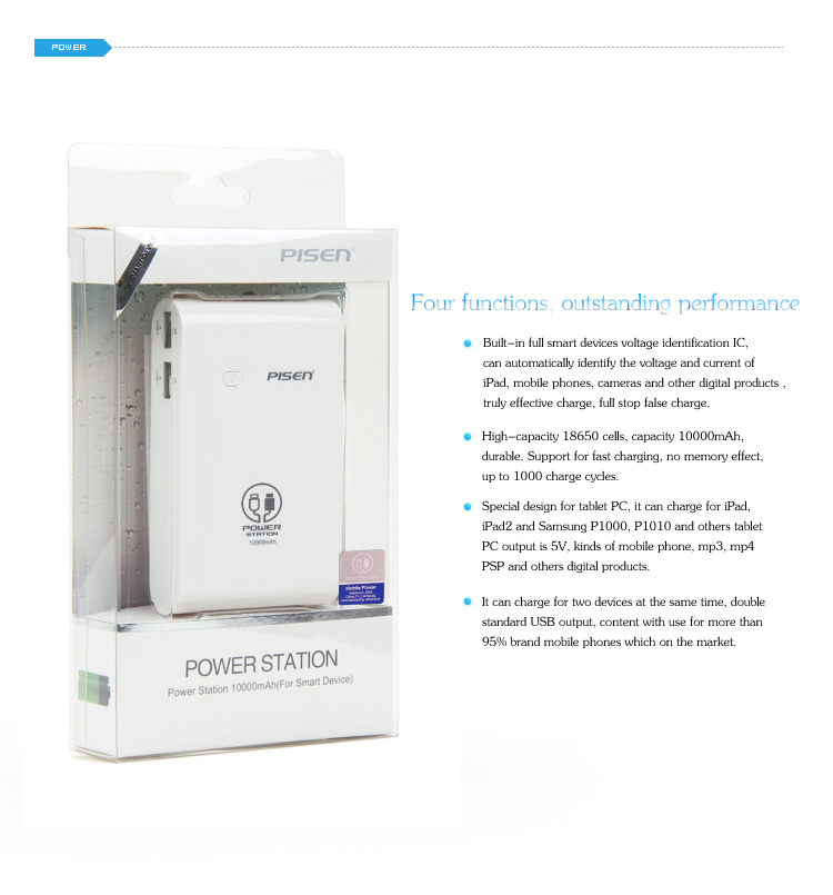 PISEN แบตสำรองแท้ 10,000 mAh พาวเวอร์แบงค์ Power Station รุ่น TS-D043 Dual USB คู่ 5V-2A ชาร์จเร็ว เก็บประจุเต็มที่ได้ยาวนาน มากกว่า 1,000 ครั้ง พกพาสะดวก ฟรี!! สาย Micro USB - สีขาว
