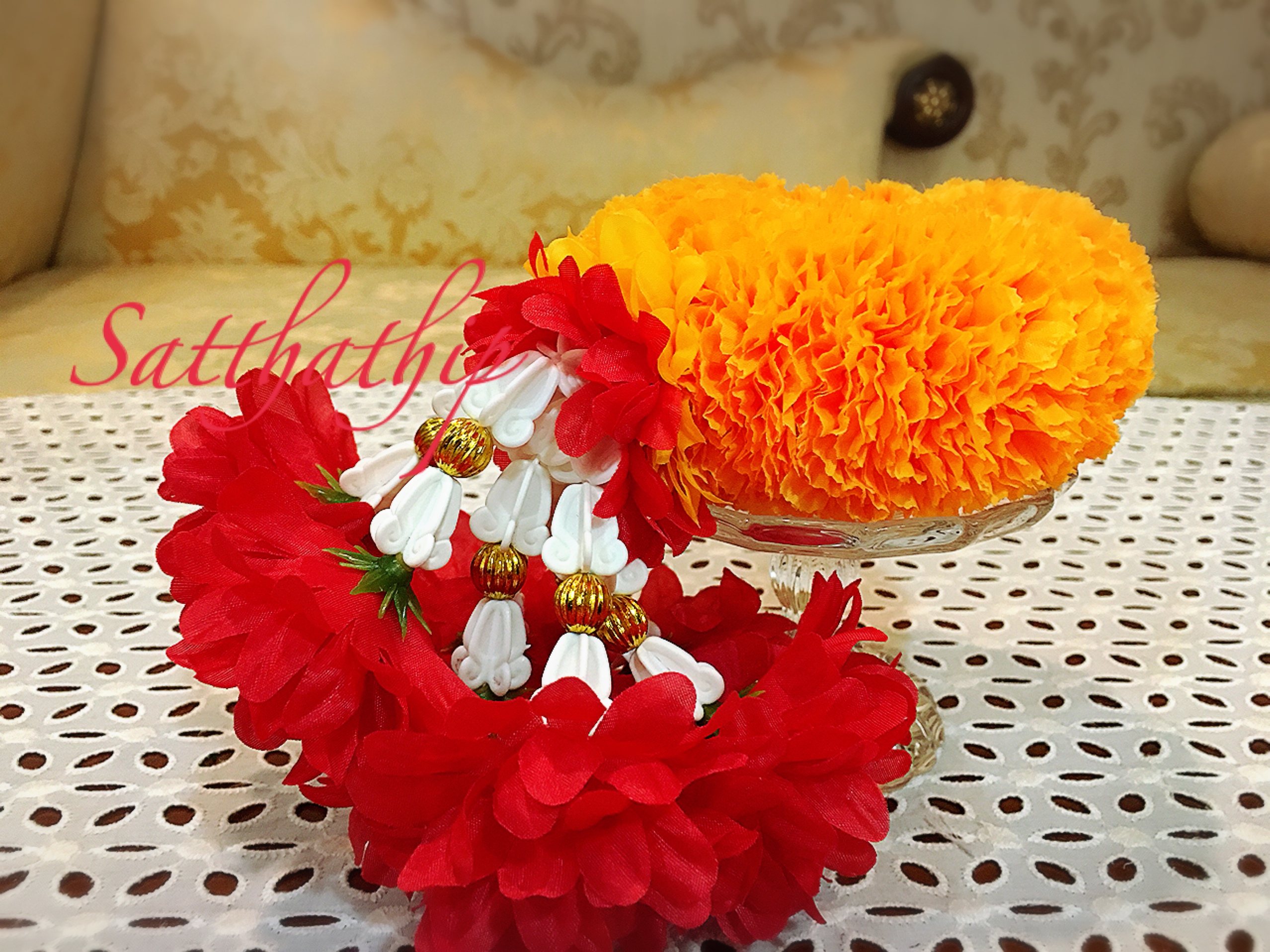 พวงมาลัยผ้า - พวงมาลัยดอกดาวเรือง ประดิษฐ์ - พวงมาลัยถวายศาลพระภูมิ - Fabric Garland