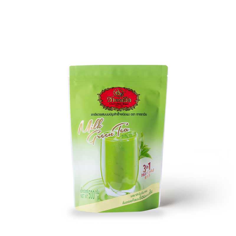 ชาเขียวผสมนมปรุงสำเร็จ 3 in1 ชนิดผง ตรามือ Cha Tra Mue Milk Green Tea 3 in 1 ขนาด 500 g. (05-5032)