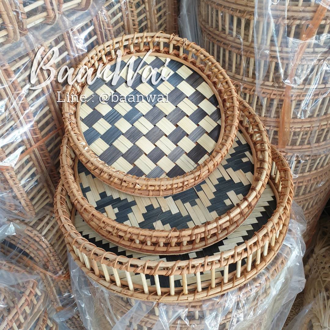 ถาดหวายสาน (พื้นขาว-ดำ) ถาดหวาย ถาดเสิร์ฟอาหาร ทรงกลม