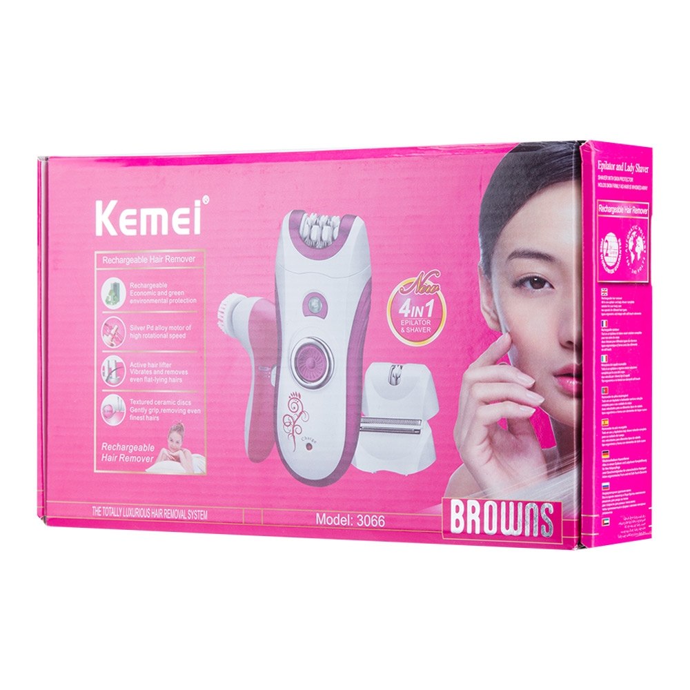 Kemei เครื่องถอนขน 6 in 1 โกนขน นวดหน้า ขัดหน้า ชุดใหญ่ KM-3066 เปลี่ยนได้ 3 หัว มอเตอร์ Pd อัลลอยด์ ใช้งานต่อเนื่อง 40 นาที ถอดล้างหัวได้ แถมฟรี!! ฟองน้ำทำความสะอาด - สีชมพู