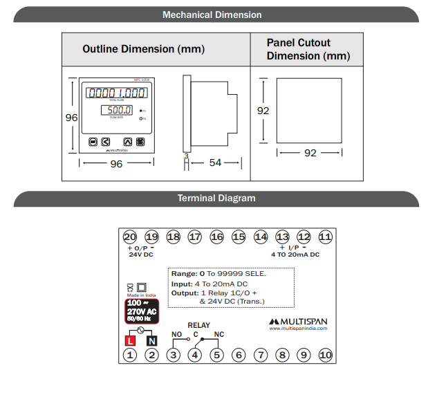MFC-1058-A2-04 Flow Rate Cum Totalizer with RS-485 MODBUS Multispan