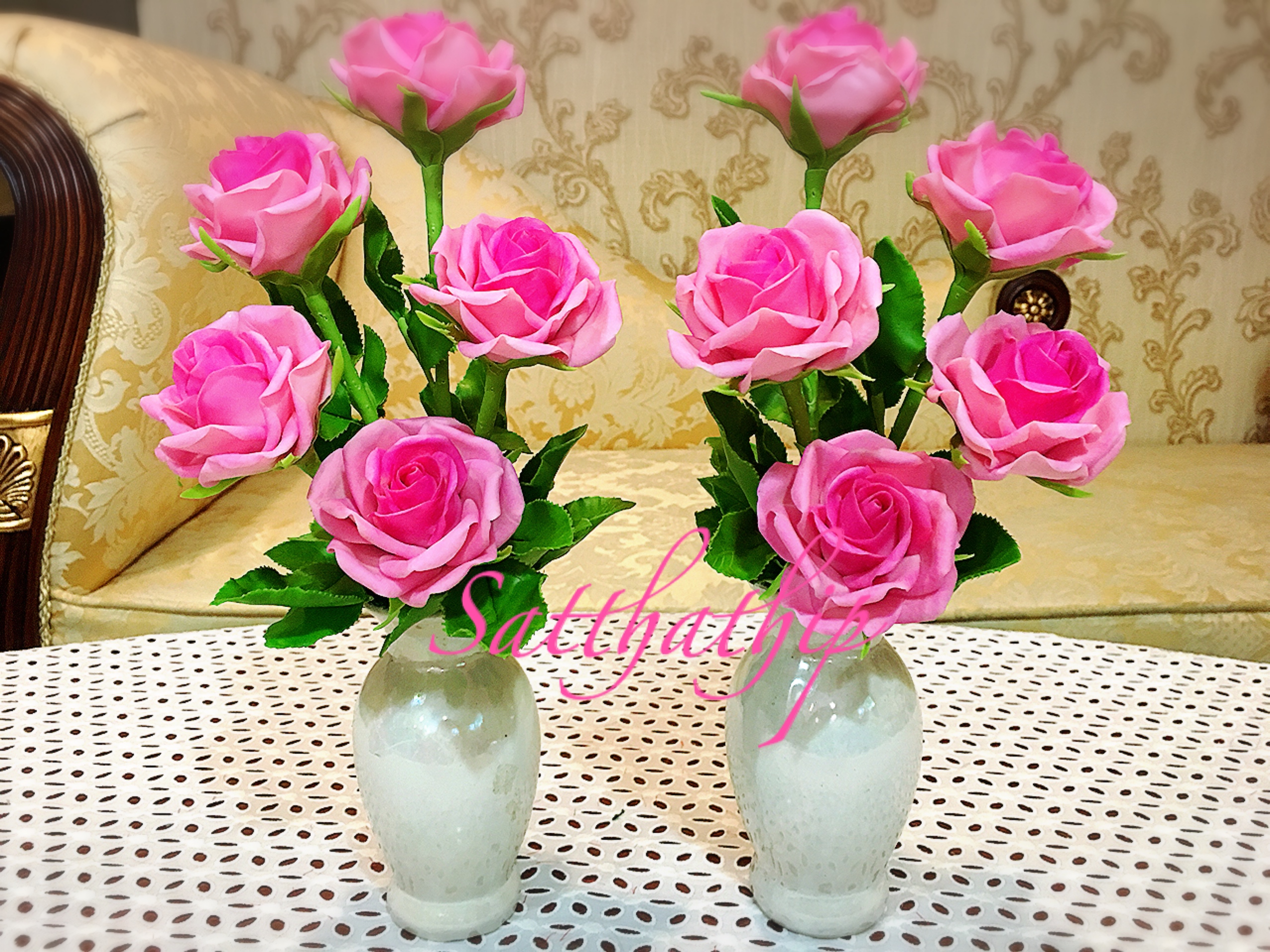 แจกันดอกกุหลาบ สีชมพู ประดิษฐ์จากดิน - ดอกกุหลาบ - Rose Flower