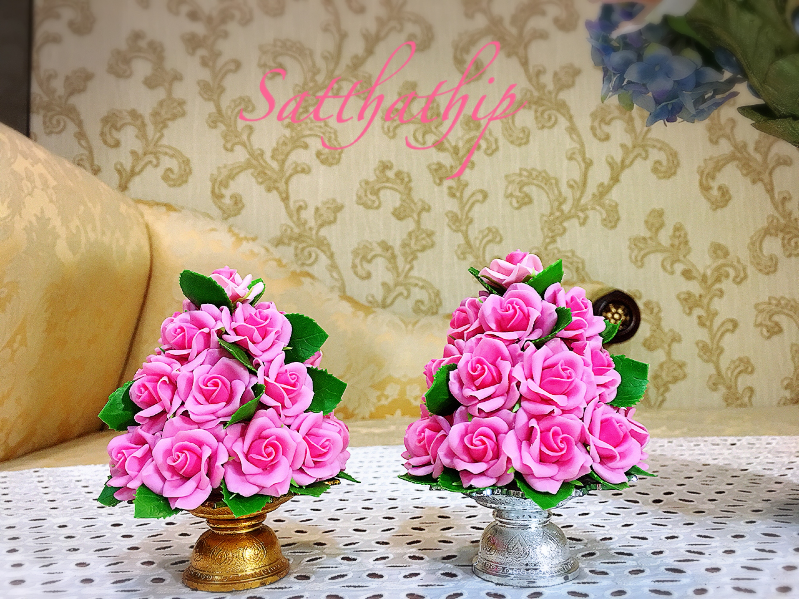 พานพุ่มดอกกุหลาบ - พานพุ่มดอกกุหลาบสีชมพู ประดิษฐ์จากดิน - Rose Flower - Phan bush