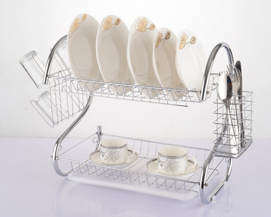 ชั้นสแตนเลสวางจานและคว่ำแก้วน้ำ 2 ชั้น ช่องเก็บช้อนส้อม พร้อมถาดรองหยดน้ำ คุณภาพดี แข็งแรงทนทาน ใช้งานยาวนาน - สีเงิน