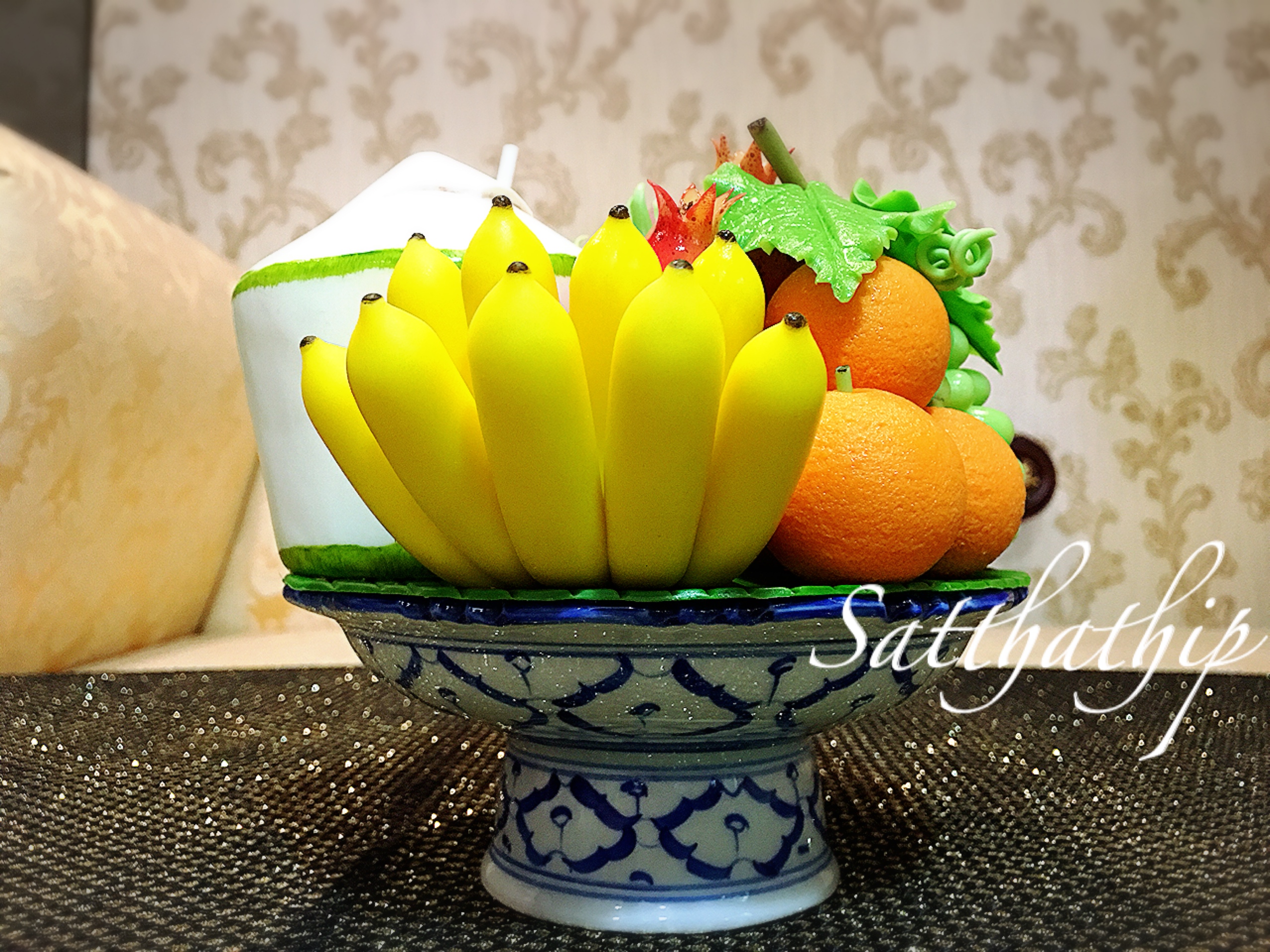 พานผลไม้ (9 อย่าง) ประดิษฐ์จากดิน - ผลไม้จิ๋ว - ผลไม้มงคล