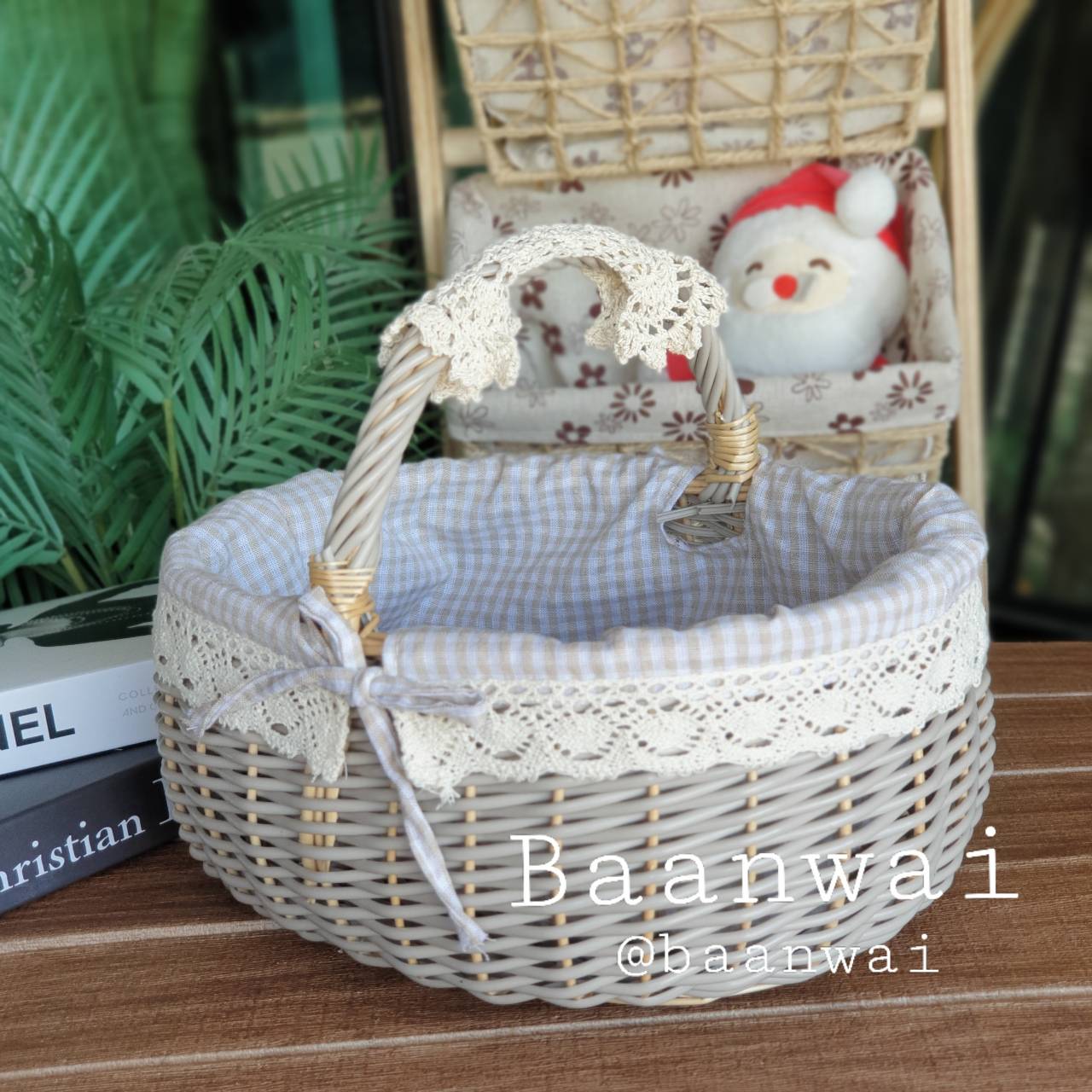 ตะกร้าหวายเทียม บุผ้า ทรงรี