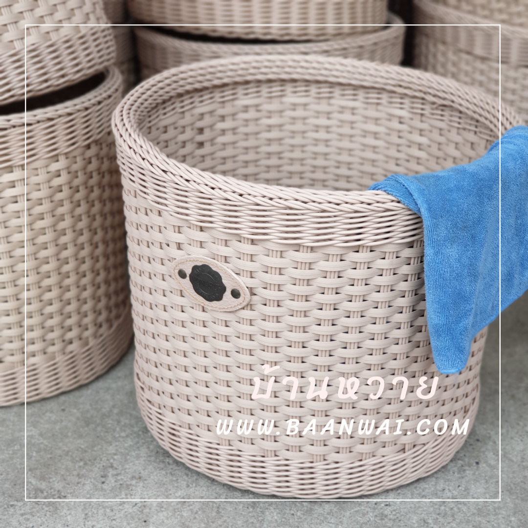 ตะกร้าใส่ผ้า ทรงกลม วัสดุหวายเทียม