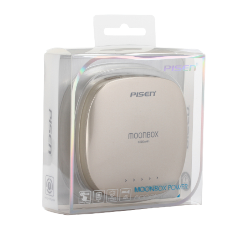 PISEN แบตสำรองแท้ 6,000 mAh พาวเวอร์แบงค์ 2 USB 5V-2A Moon Box Power รุ่น TS-D095 ปุ่มสัมผัสแบบสไลด์ ไฟฉาย LED ส่องสว่างยามค่ำคืนในตัว เก็บประจุเต็มที่ได้ยาวนาน รูปทรงโค้งมน ขนาดกระทัดรัดจับถนัดกระชับมือ - สีทองคำ